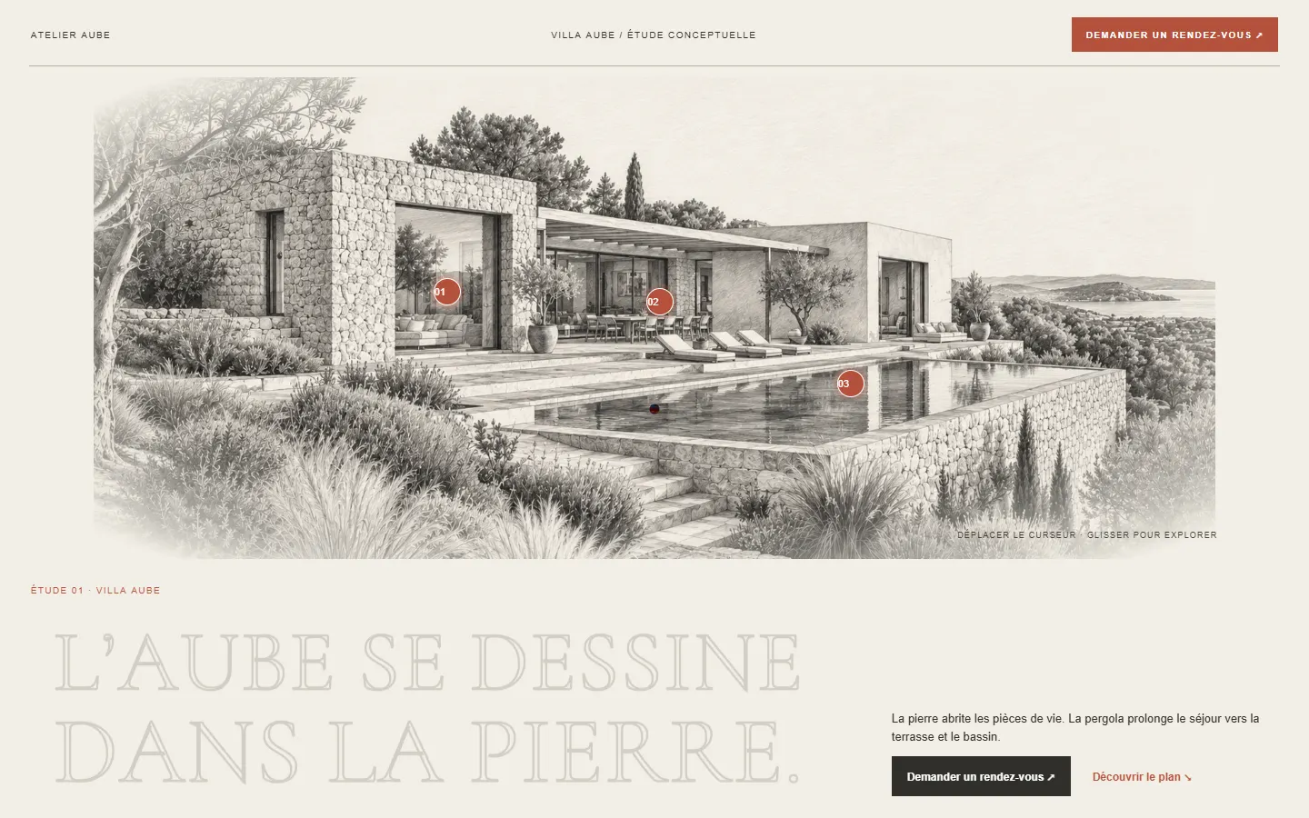 Capture de la maquette Atelier Aube : croquis de la Villa Aube, repères interactifs et titre tracé